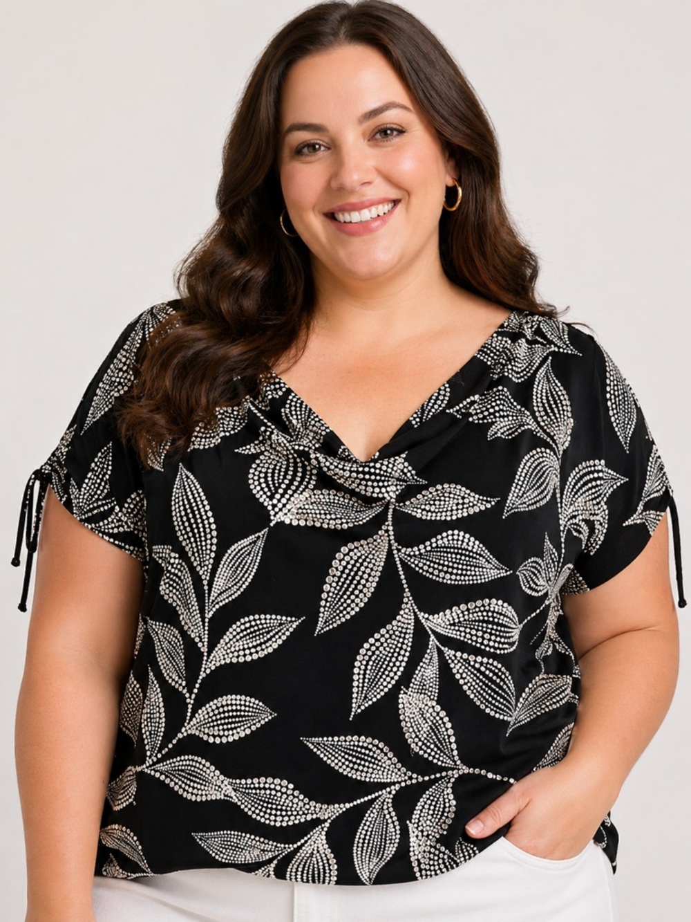 Lane Bryant Women’s Plus-Size 22/24 Black & White Leaf Print Cowl Neck Blouse